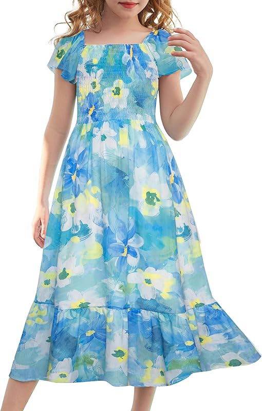 GRACE KARIN Girls Floral Dress Flutter Sleeve Square Neck Tiered Midi Dress Smocked Flared A-line Dress 5-14Y