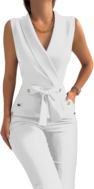 Women's Elegant Jumpsuits V Neck Sleeveless Straight Belted Long Pants Business Suits Set with Pockets