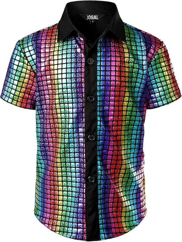 JOGAL Boy's Dress Shirt Sequins Button Down Shirts 70s Disco Party Costume