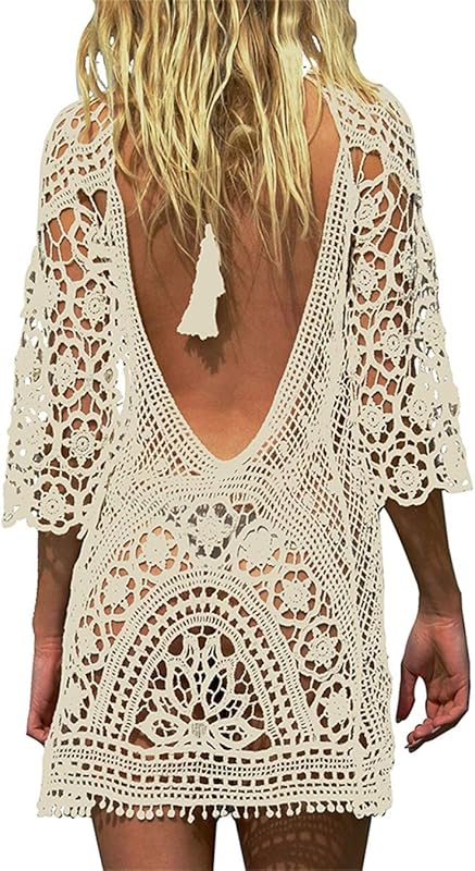 TMEOG Strandkleider Damen Kurze Kleid Badeanzug Bikini Spitze Crochet Cover Up