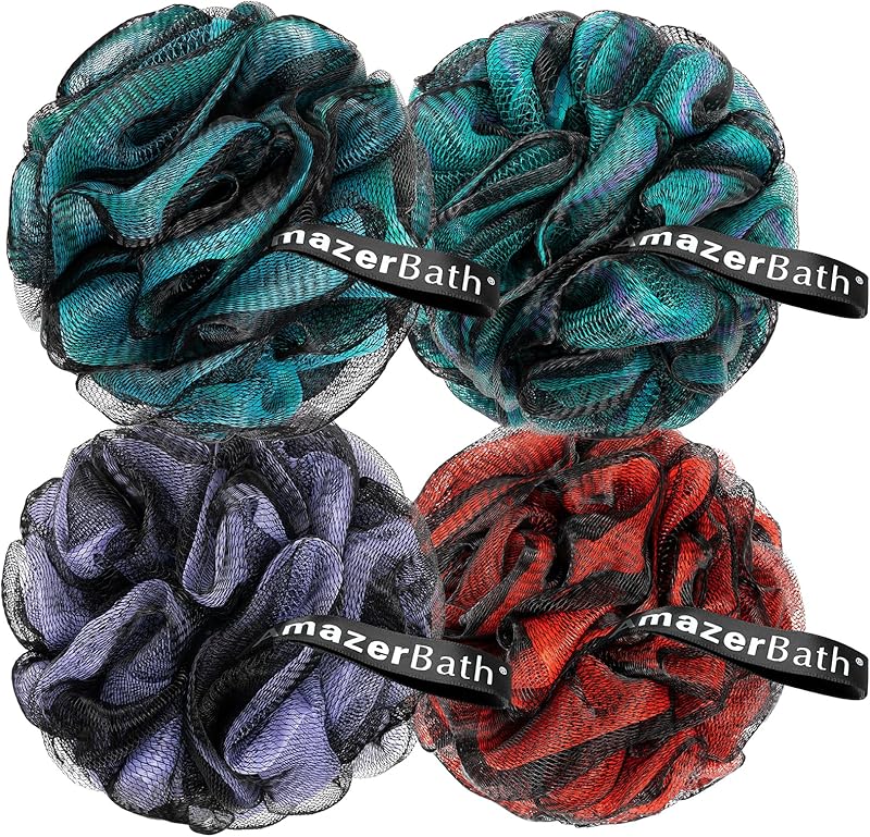 AmazerBath Charcoal Loofah Sponge, Shower Loofah 60g/PCS - Body Scrubber Loofa Set of 4 - Charcoal Blue, Gray, Pink & Army Green, Bath Sponge for Men and Women