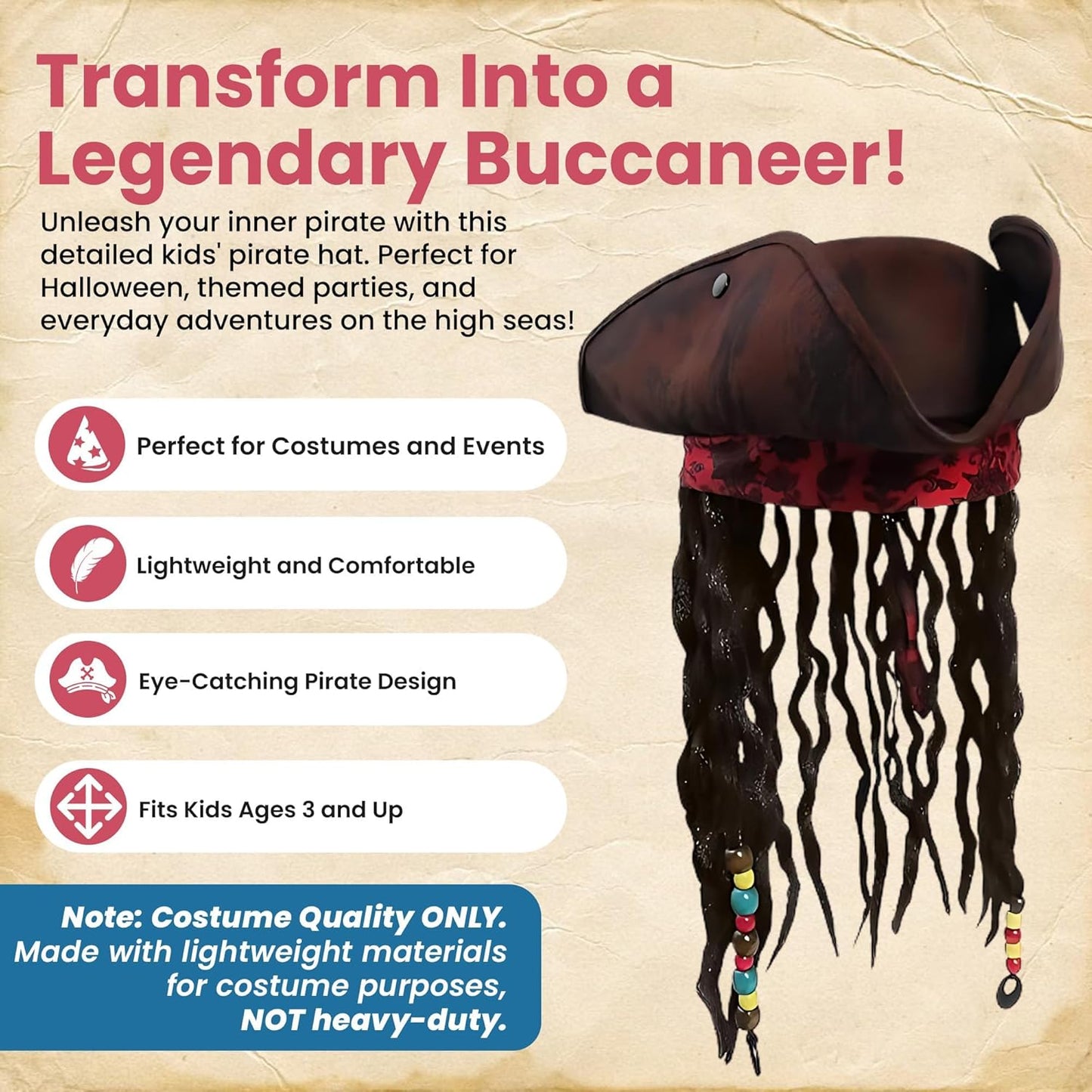 Nicky Bigs Novelties - Kids Pirate Hat with Dreadlocks and Red Band with Floral Filigree - Buccaneer Wig for Girls and Boys Costume, Caribbean Pirate Tricorn Hat Accessory, Brown