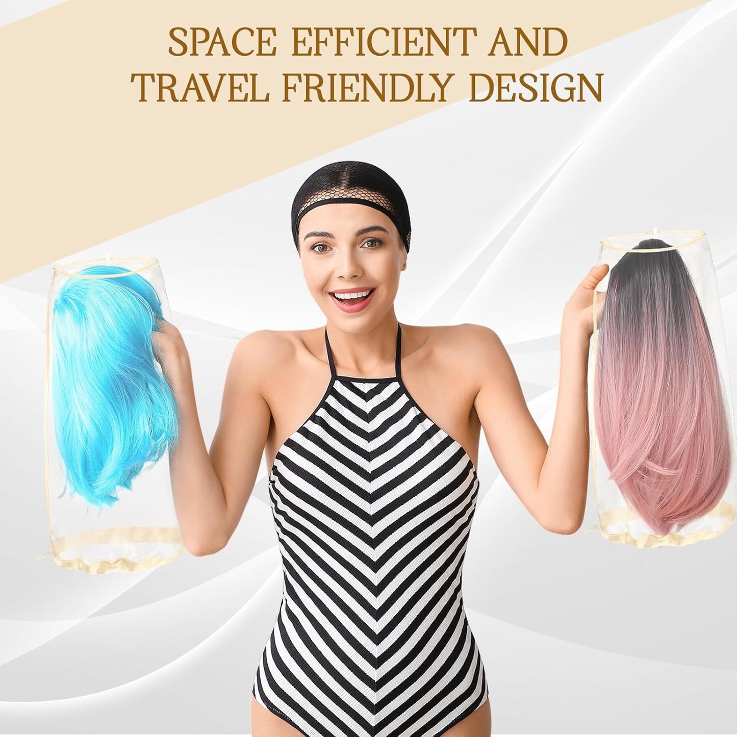 Loopeer 6 Pcs Wig Storage Bags Adjustable Wig Bag with Drawstring Portable Travel Organizer for keep from Dirt Dust(Beige)