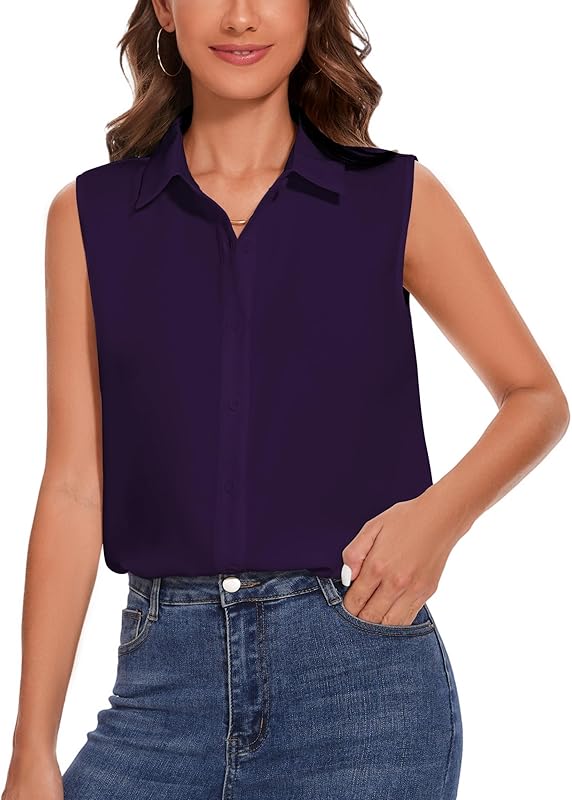 YAMANMAN Womens Sleeveless Button Down Shirt Classic Collared Blouse Basic Tank Tops Work Office Chiffon Tops