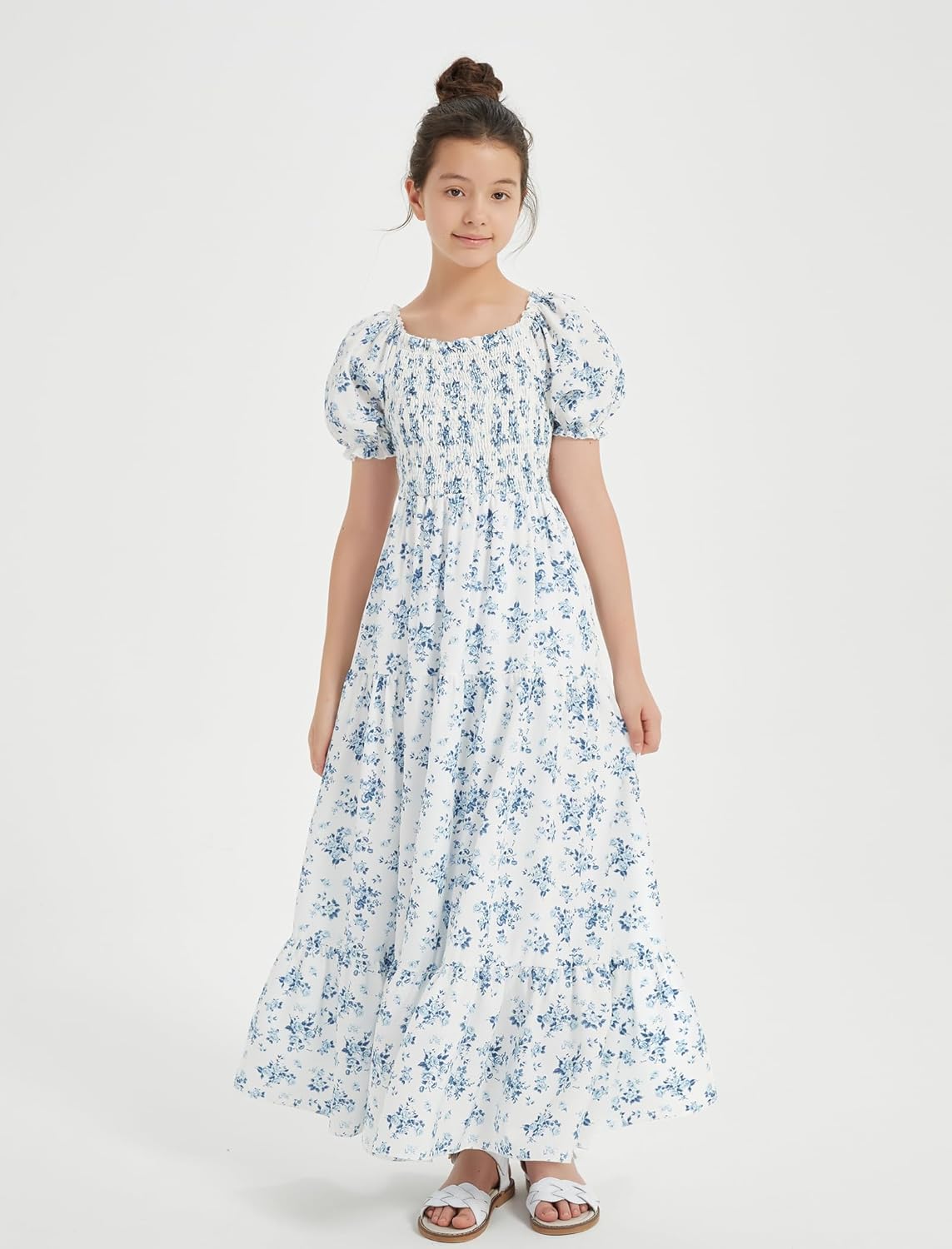 EXARUS Girls Maxi Long Smocked Dress Tween Swiss Dots Summer Square Neck Short Sleeve Casual A-line Dresses for 6-12Y