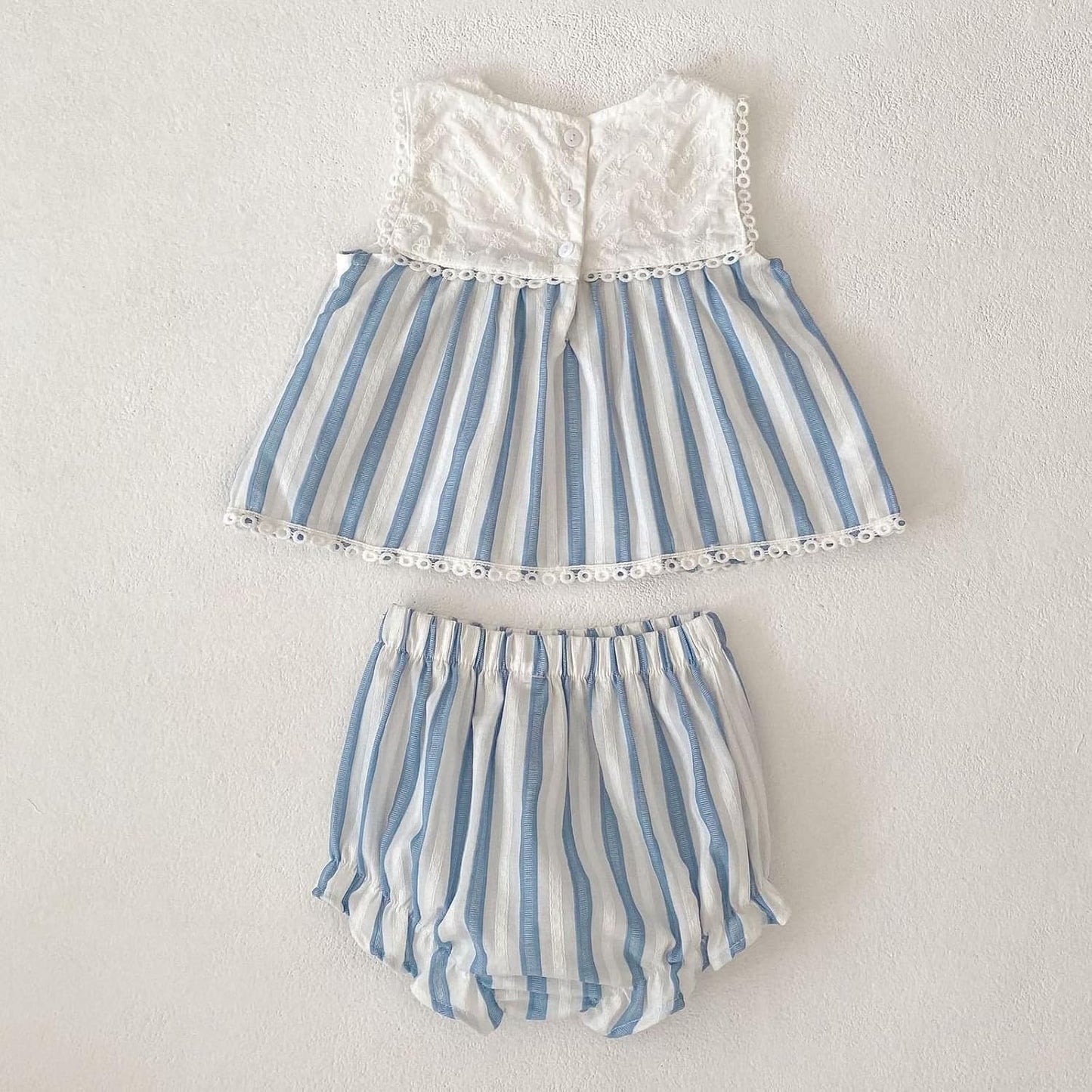 HOOLCHEAN Baby and Toddler Girl 2-Piece Outfit, Dress-Style Cotton Top with Lace Embroidery and Striped Bloomers