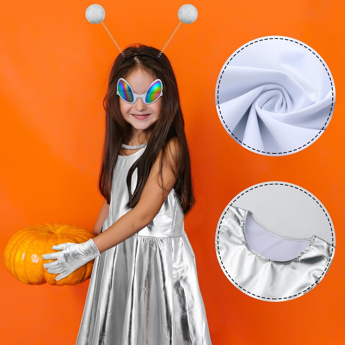 Xtinmee 5 Pcs Halloween Alien Costume Set Metallic Dress Sunglasses Necklace Headband for Girls Kids