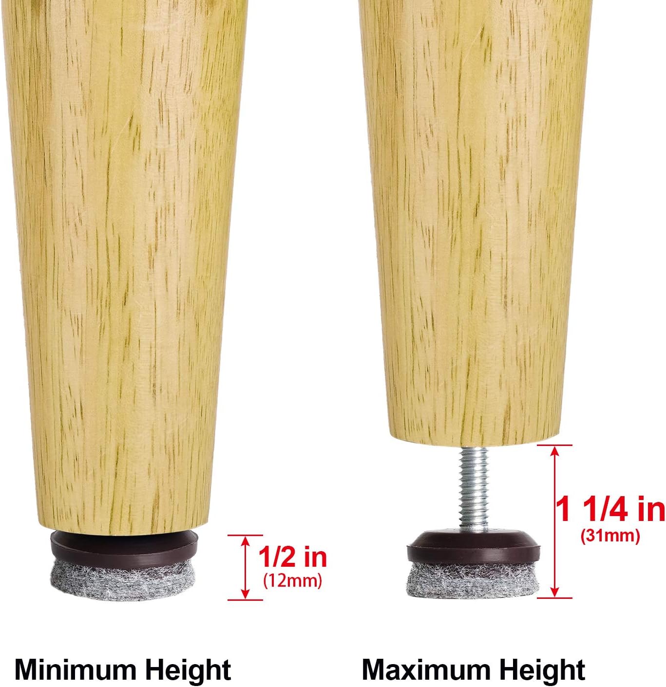 Anwenk Furniture Levelers Adjustable Furniture Feet Leveling Table Chair Levelers T-Nut Leg Levelers with High-Density Felt, 1/4-20x1" Threaded Shank T-Nuts,12 Pack