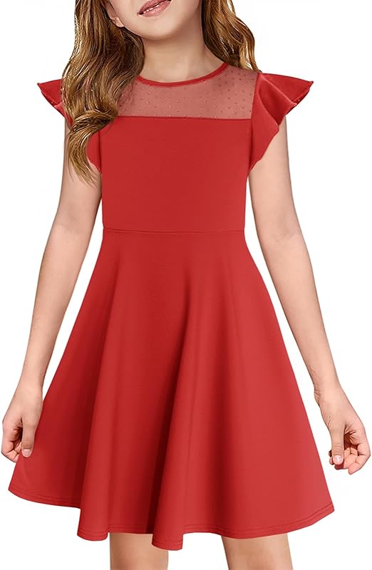 Haloumoning Girls Dress Summer Ruffle Sleeve Mesh A Line Casual Party Dresses with Pockets for Kids 4-14 Years