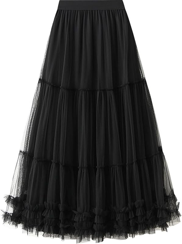 Tulle Skirts for Women Long Length Tutu Fairy Tiered Skirt A Line Mesh Elastic Waist Skirts