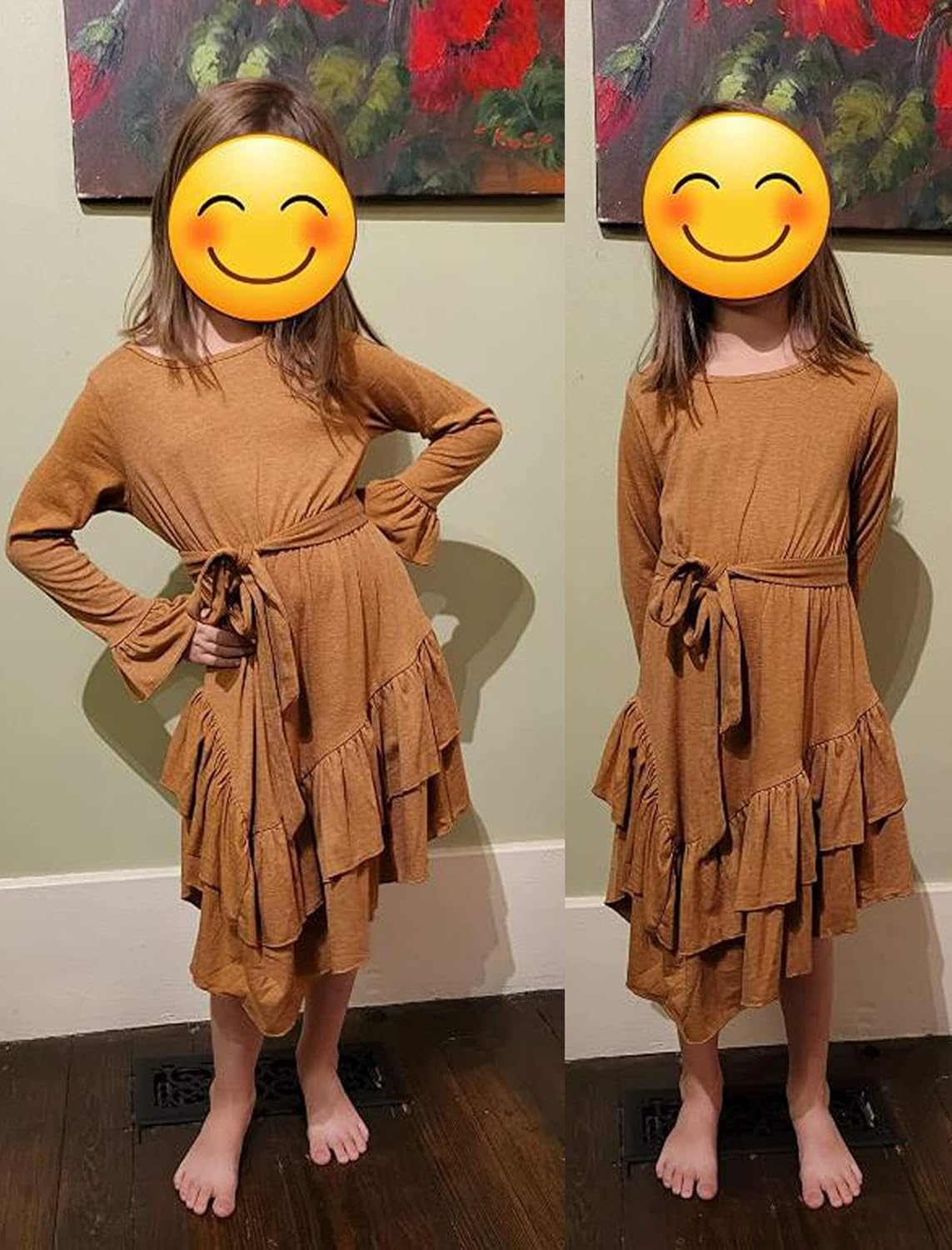 Arshiner Girls Dresses Loose Plain Casual Ruffle Swing Midi Dress with Belt for 5-14 Years
