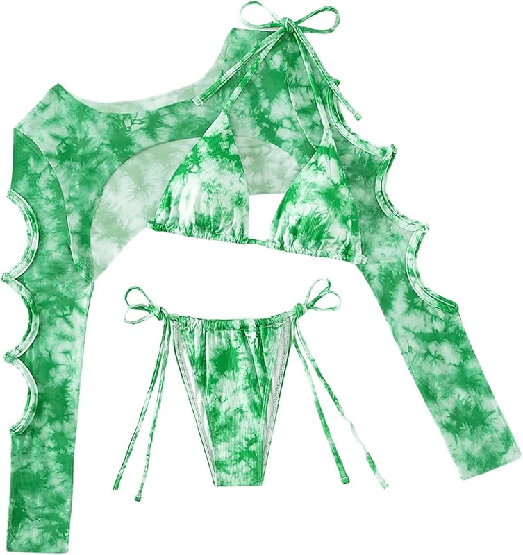 OYOANGLE Women's 3 Piece Tie Dye Triangle Bikini Tie Side Halter Swimsuit Monokin with Cut Out Cover Up