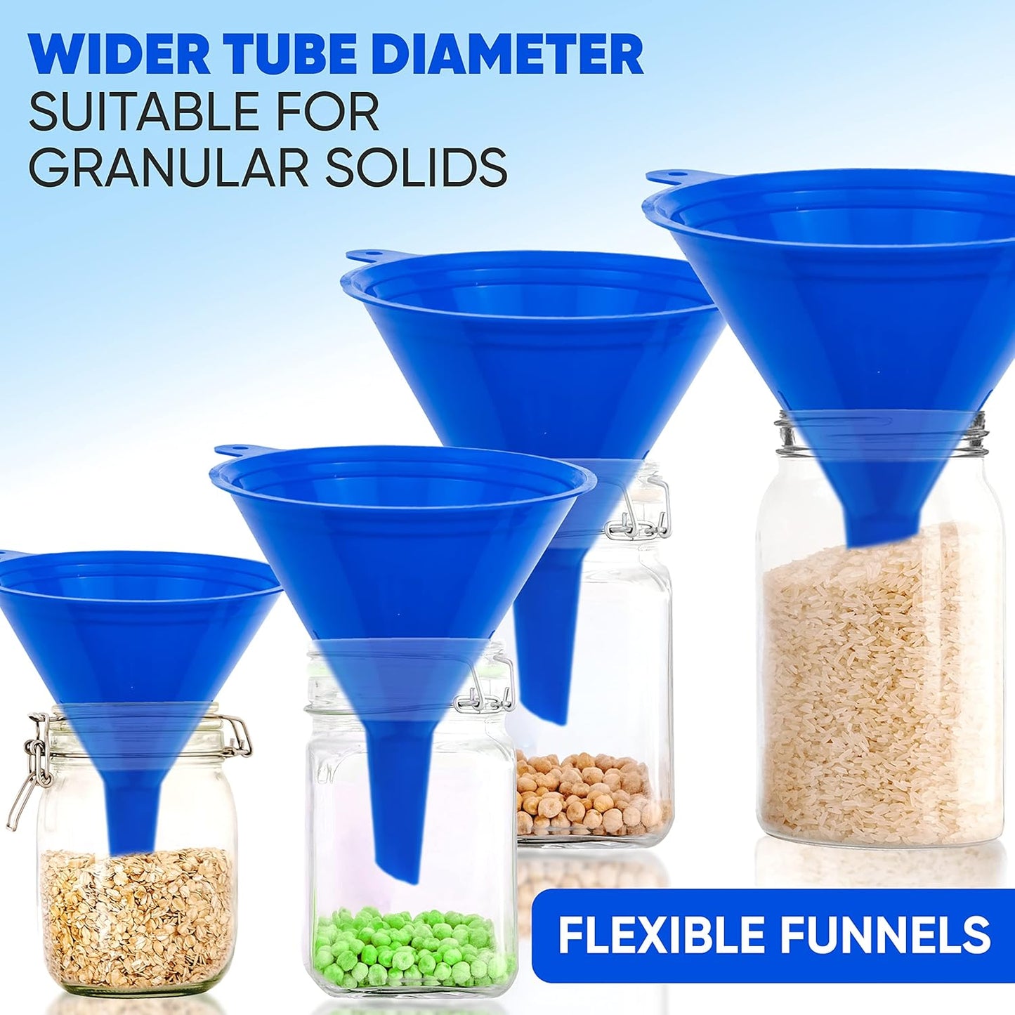 Liqvee Funnel Blue in 4 Different Sizes (122, 101, 76 & 50mm) Durable & Non-Toxic Food Grade Plastic -Funnels for Filling Bottles or Containers – Ideal for Kitchen, Garage & Labs (Blue)
