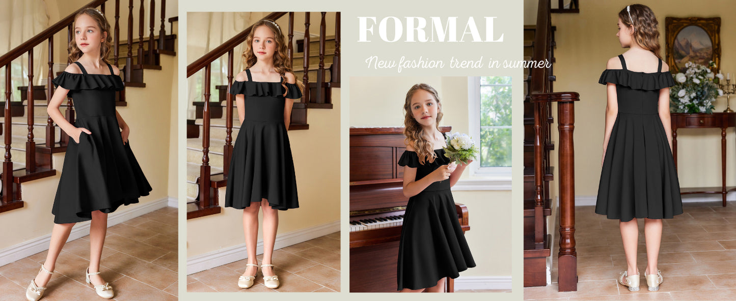 Arshiner Girls Summer Dress Off Shoulder Children's Dress Ruffle Sleeves Elegant Strap Dress Children A Line Swing Dress High Low Dress Casual Dresses with Pocket 4-13Years