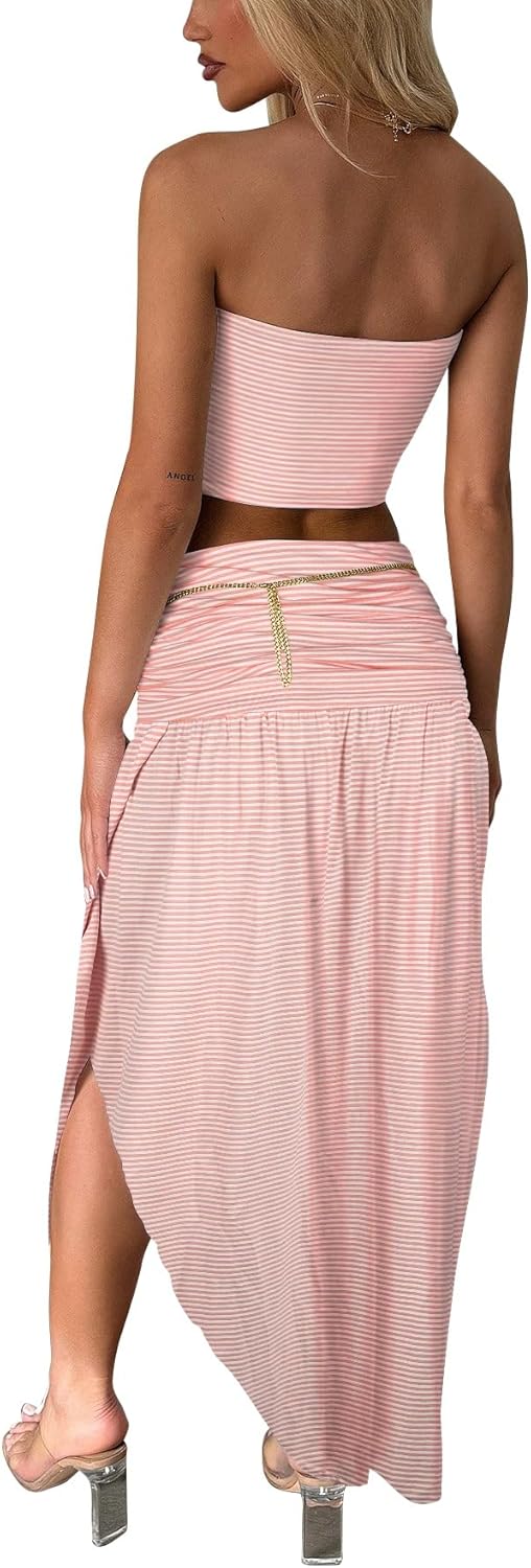 Two Piece Skirt Set for Women - 2 PC Summer Beach Vacation Outfits Going Out Strapless Tube Crop Tops Boho Maxi Skirts Sets
