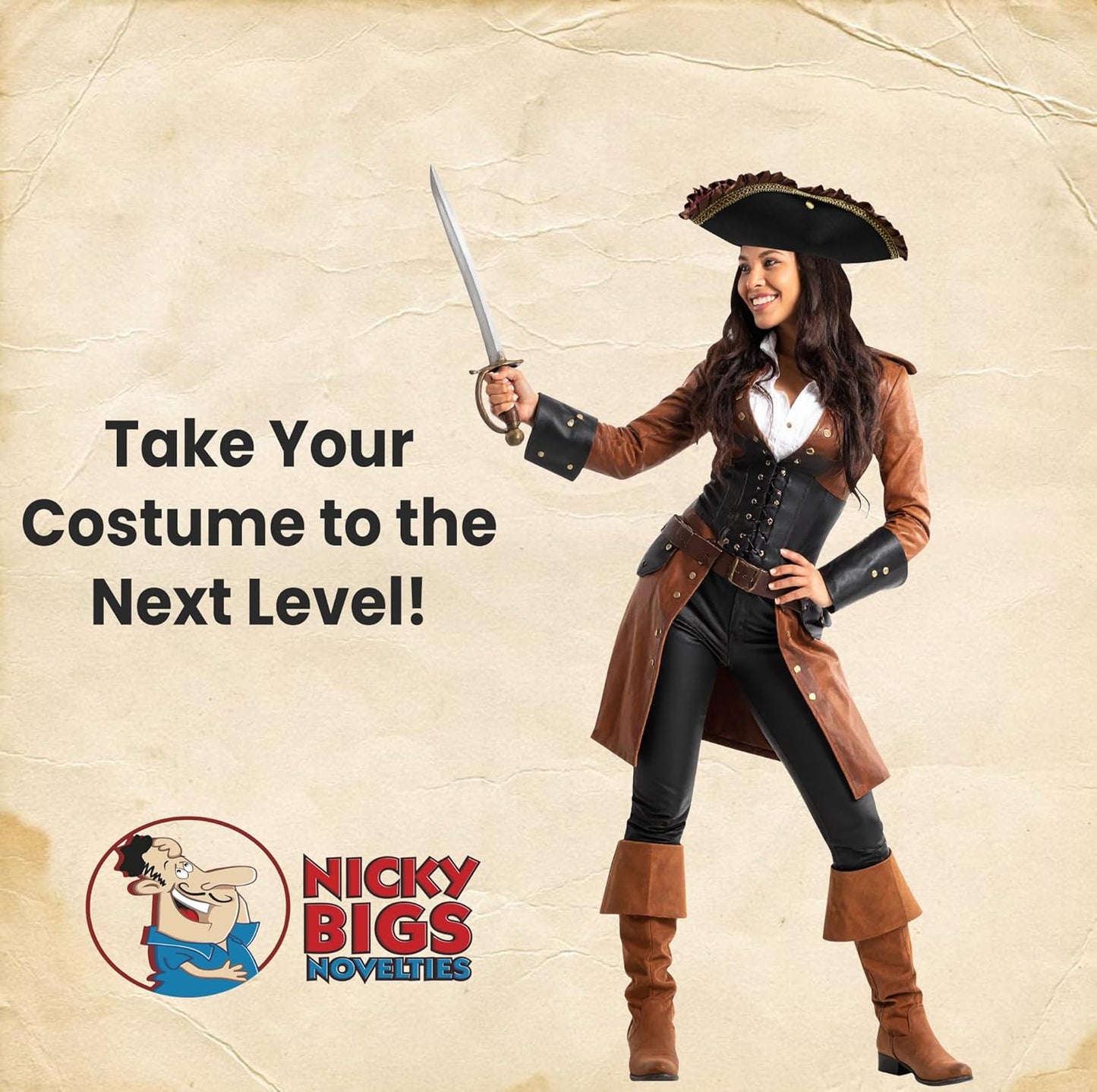 Nicky Bigs Novelties Adult Deluxe Black Tricorn Tricorner Pirate Hat Buccaneers Cap Costume Accessory