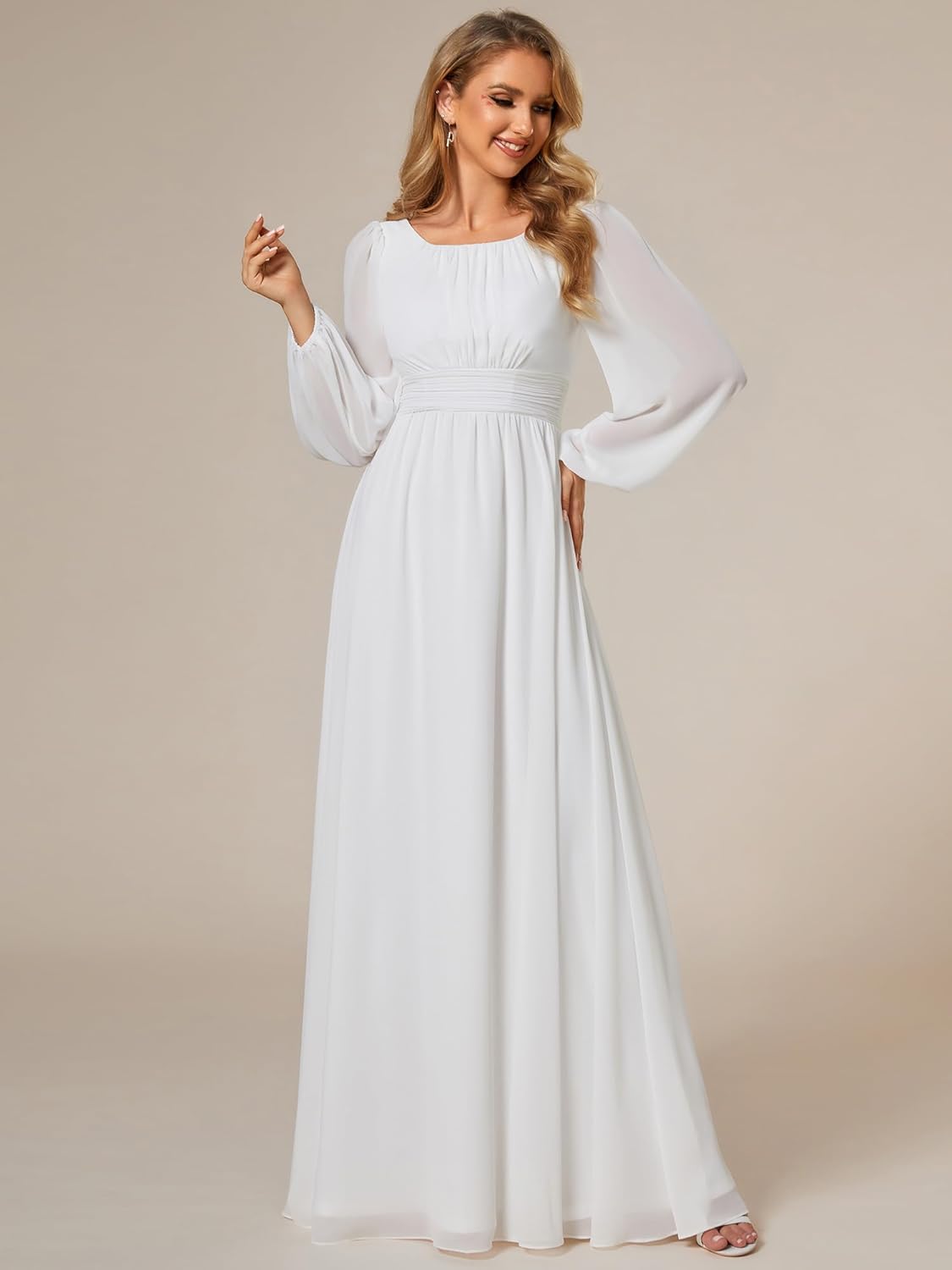 Ever-Pretty Women's Crewneck Long Lantern Sleeves Floor Length A-Line Pleated Chiffon Formal Dress 0106B