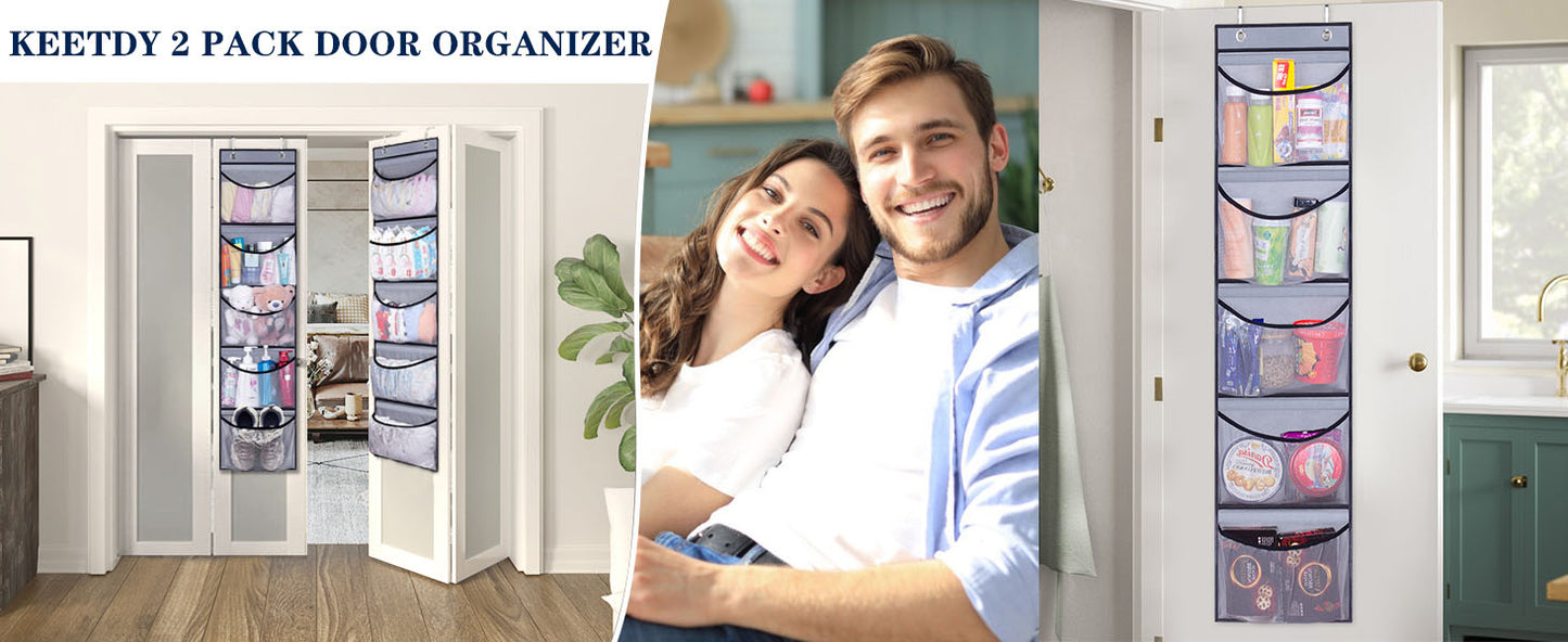 KEETDY Hanging Shelves Over the Door Organizer Storage for Closet with 5 Pockets Organizer for Bedroom Bathroom, 2 Pack(Grey)
