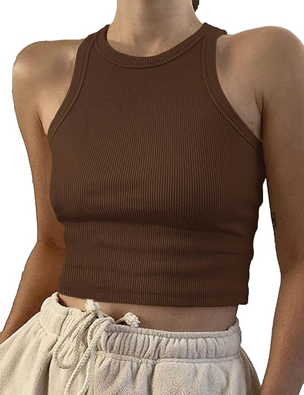 Artfish Women Casual Basic Sleeveless High Neck Rib-Knit Y2k Crop Tank Top