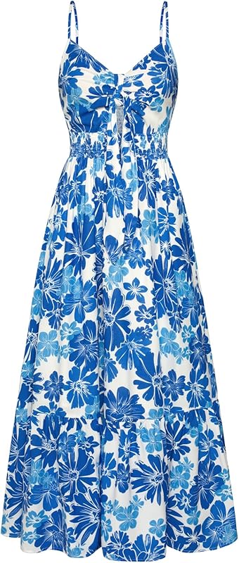 GRACE KARIN Women's 2025 Summer Maxi Dress Floral Tie Front Spaghetti Strap Casual Boho Beach Flowy Sundress with Pockets