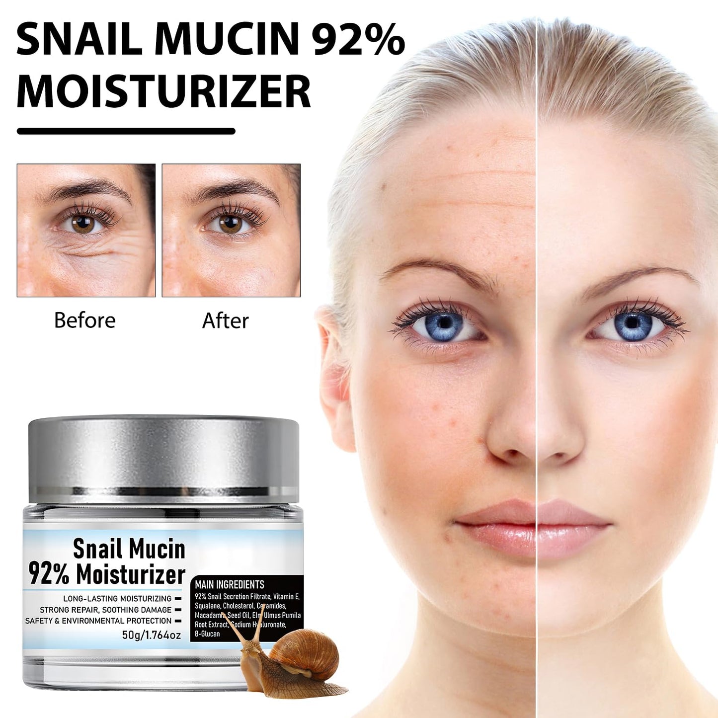 Snail Mucin 92% Moisturizer Daily Face Moisturizer,Hydrating Repair Face Gel Cream, Baba de Caracol Original, Advanced Snail 92 All In One Cream