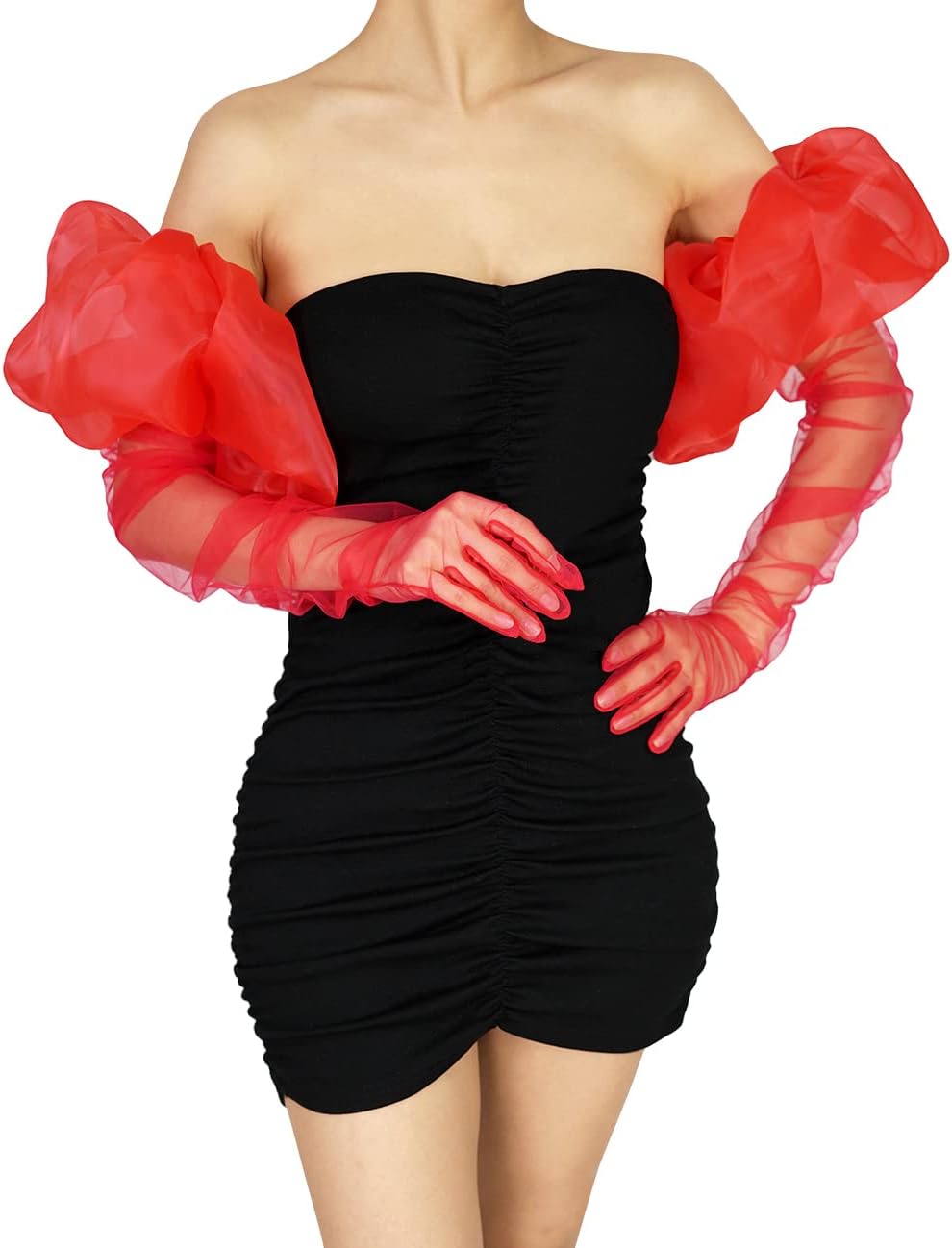 Super Puff Women's Sheer Long Oversize Tulle Mesh Gloves for Cocktail Opera Party with Puff Sleeve