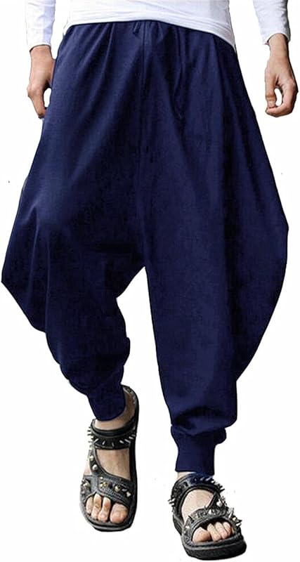 AITFINEISM Men's Drawstring Aladdin Hippie Harem Pants Loose Drop Crotch Trousers