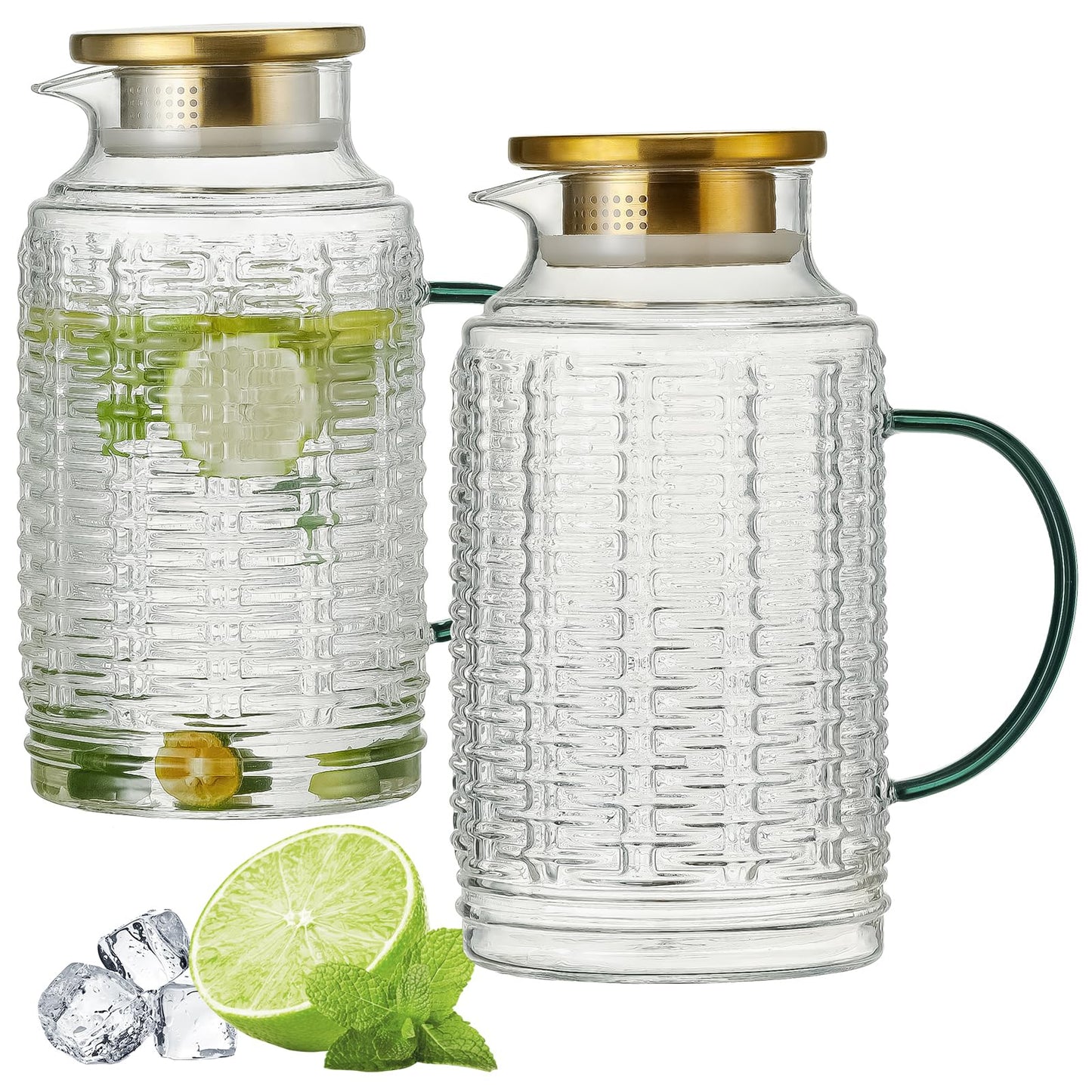 Glass Pitcher with Lid, 2 PACK 68 oz/2 Liter Vintage Water Pitcher, Clear Borosilicate Glass Water Carafe for Cold Brew, Coffee, Lemonade, Iced Sun Tea,Beverage, Milk, Heat Resistant