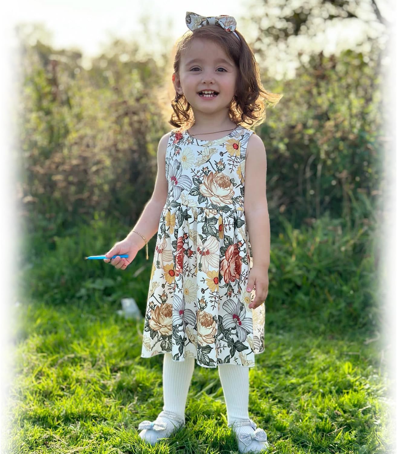 HINTINA Toddler Little Girls Dress And Cardigan Sets 2 Piece Floral Print Sleeveless Dress and Long Sleeve Cardigan Set