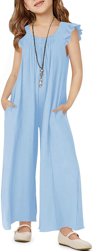 Haloumoning Girls Wide Leg Loose Jumpsuit Kids Casual Ruffle Sleeve Round Neck Romper with Pockets 5-14 Years