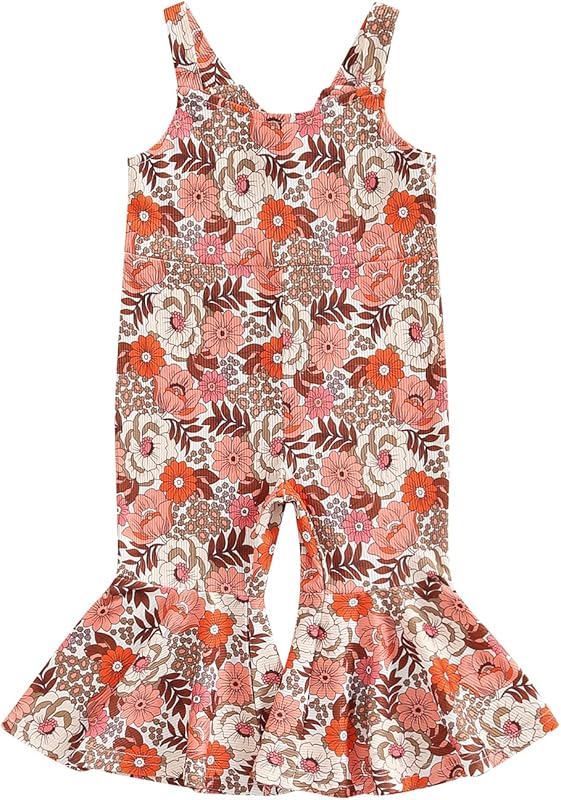Emmababy Baby Girl Bell Bottoms Romper Toddler Floral Overalls Suspender Flare Pants Sleeveless Strap Jumpsuit Fall Clothes