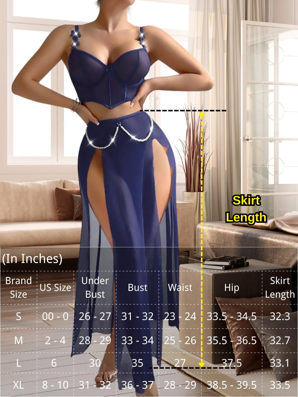 Kaei&Shi High Slit Sexy Lingerie For Women,Sheer Mesh Corset & Pearl Skirt Set,3 Piece Boudoir Outfits Exotic Dancewear