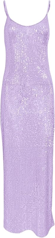 BOLLEY JOSS Women's Sequins Maxi Dress Sexy Spaghetti Strap Long Dress Sparkly Back Slit Bodycon Dresses