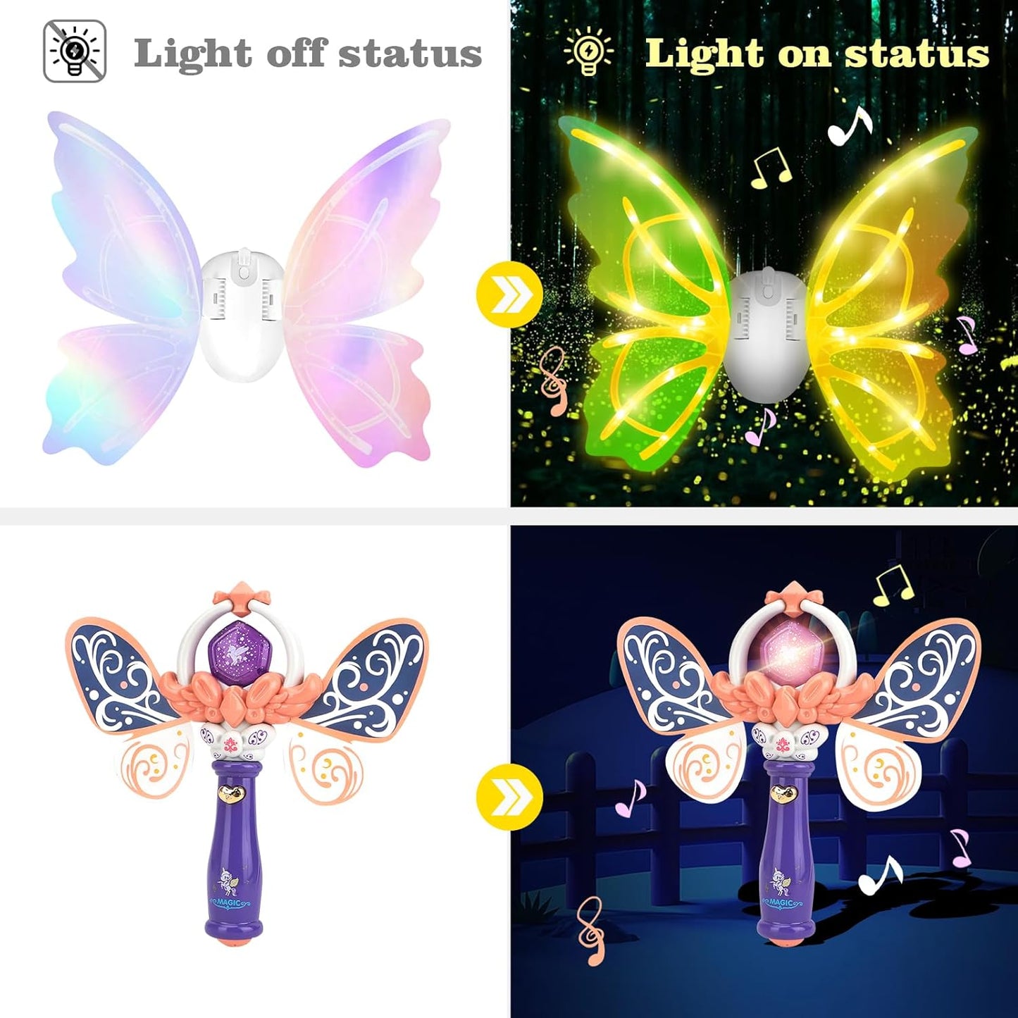 Electric Fairy Wings and princess wand for Girls, Princess Dress up Costume, Moving Butterfly Wings with LED Lights and Music, Toys for Kids as Halloween Birthday Christmas Party Cosplay Gift