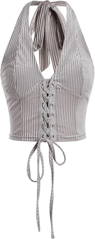 Verdusa Women's Going Out Halter Corset Tops Sleeveless Lace Up Open Back Crop Top