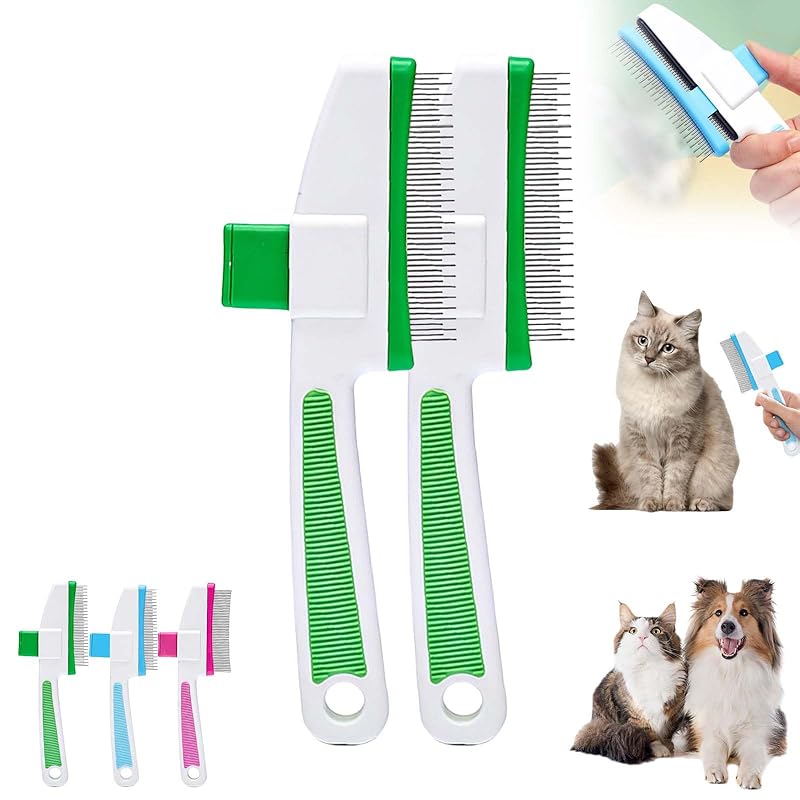 Pet Hair Removal Comb Flea Comb, Cat Brush with Release Button, Cat Grooming Brushes for Indoor Cats Shedding, Cleaning Shedding Pet Hair Remover for Dogs Cats Pet Grooming Brush Tool (Blue, 1PC)