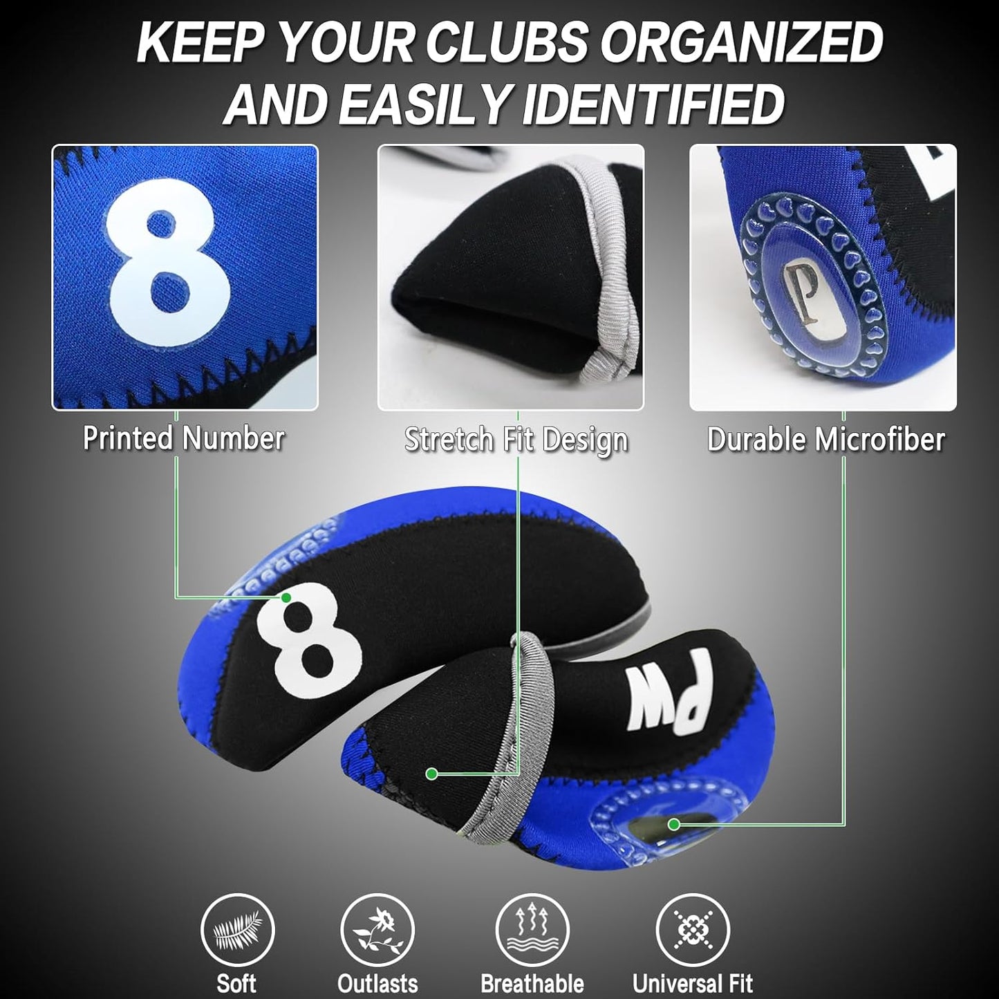 Golf Club Covers Set for Irons Neoprene Iron Head Cover Club Protector 10Pcs with/Without Top Window Accessories for Men Women