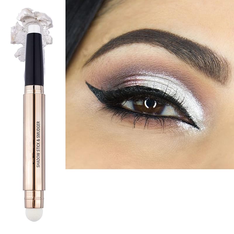 2 in 1 eyeshadow stick and Sponge Makeup Brush, Smooth Cream Shimmer Shadow Pencil Long Lasting Waterproof Eye Shadow Highlighter Stick Makeup , Hypoallergenic Highlighter Multi-Dimensional eyes Look