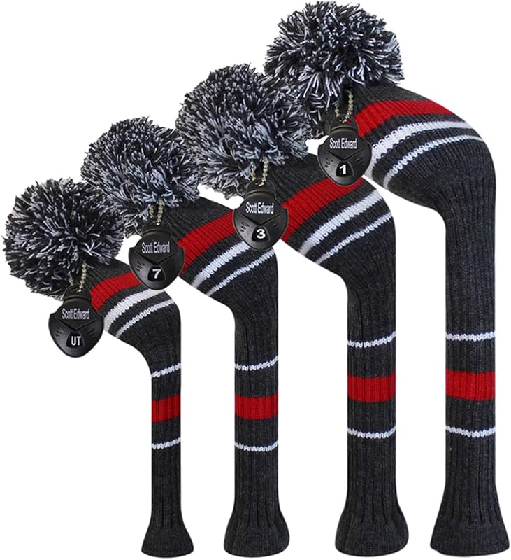 Scott Edward Golf Club Head Covers Set of 4, Acrylic Yarn Double-Layers Knitted, with Rotatable Number Tags