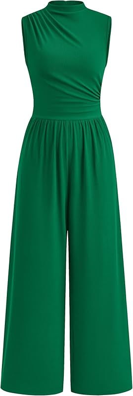 PRETTYGARDEN Womens Summer Jumpsuits Dressy Casual One Piece Outfits Sleeveless Mock Neck Wide Leg Pants Rompers with Pockets