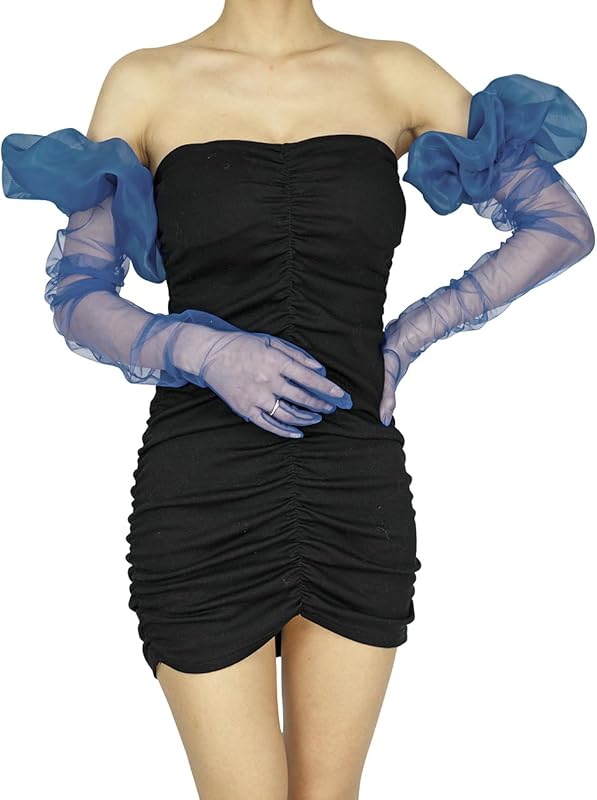 Super Puff Women's Sheer Long Oversize Tulle Mesh Gloves for Cocktail Opera Party with Puff Sleeve