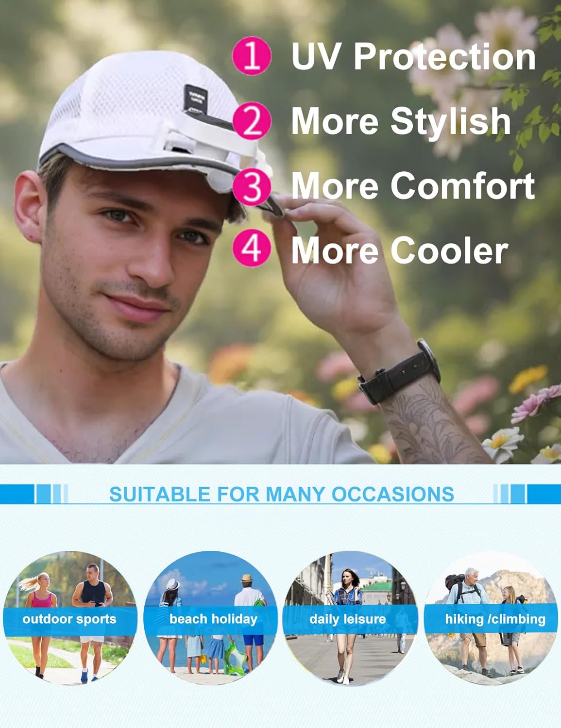 Mens Baseball Cap with Solar Fan, Summer UV Protection Wide Brim Sun Hat Mesh Beach Hats, Solar Powered/USB Charging