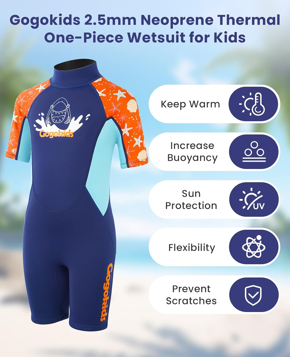 Gogokids Kids Wetsuit, Youth 2.5mm Neoprene Thermal Wet Suits, Short Sleeve Back Zip Sun Protection Swimsuits for Swimming, Diving, Surfing Lessons