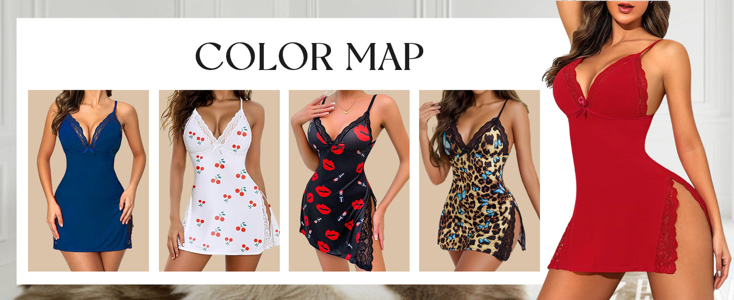 Sexy Night Gowns for Women Babydoll Lingerie Dress Lace Trim Sleep Dress Chemise Nightgowns Side Split Nighty
