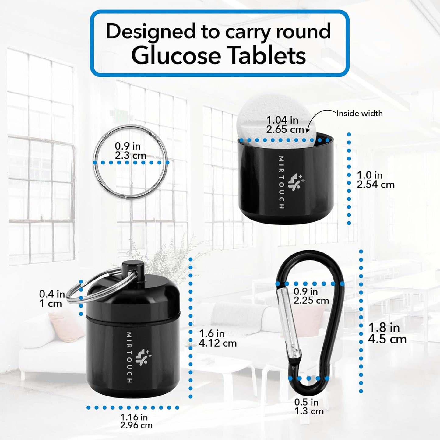 Portable Keychain Pill Holder Case for Round Glucose Tablets & Critical Medicine - Discreet Waterproof Key Chain Pill Container Carrier with Strong Carabiners - Aluminum Alloy Pill Fob Box - 2 Pack