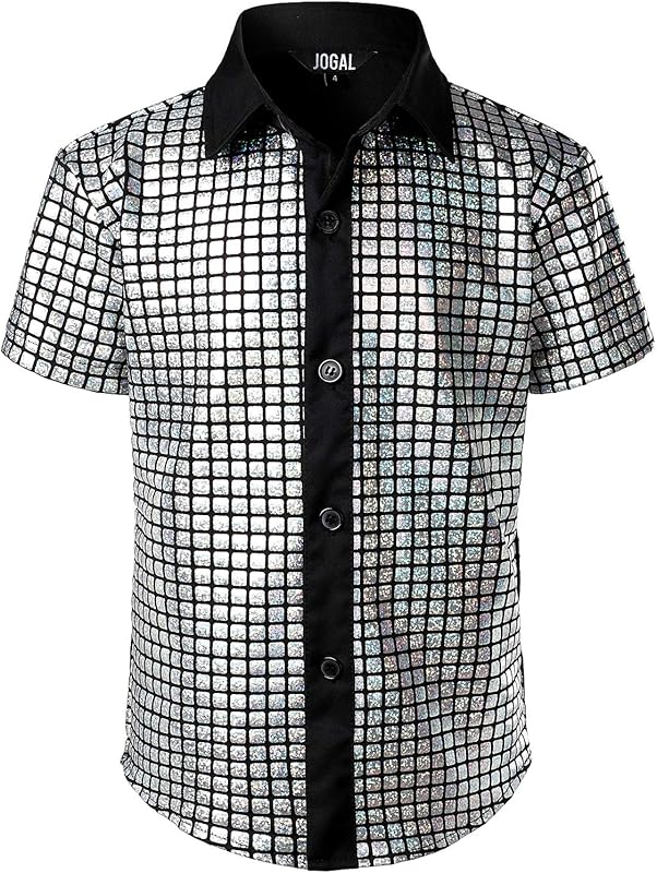 JOGAL Boy's Dress Shirt Sequins Button Down Shirts 70s Disco Party Costume