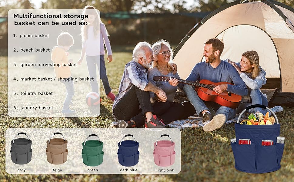 Collapsible Basket with Handles: Portable Picnic, Beach, Garden Harvest, Market Shopping Basket, Home Storage, Bathroom Organizer(Green)