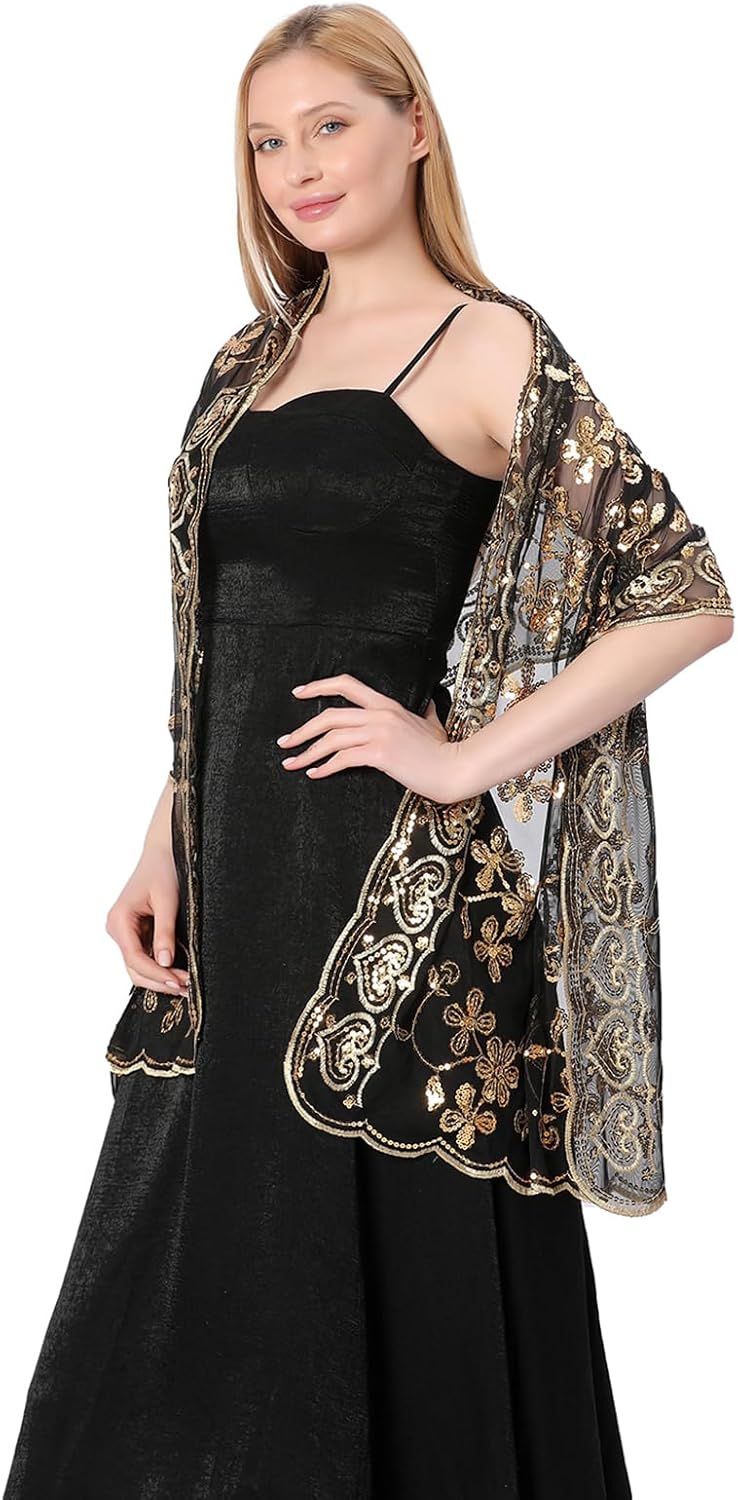 Shawls and Wraps for Evening Dresses,Women Formal 1920s Sequin Flower Sheer Shawls and Wraps for Wedding-