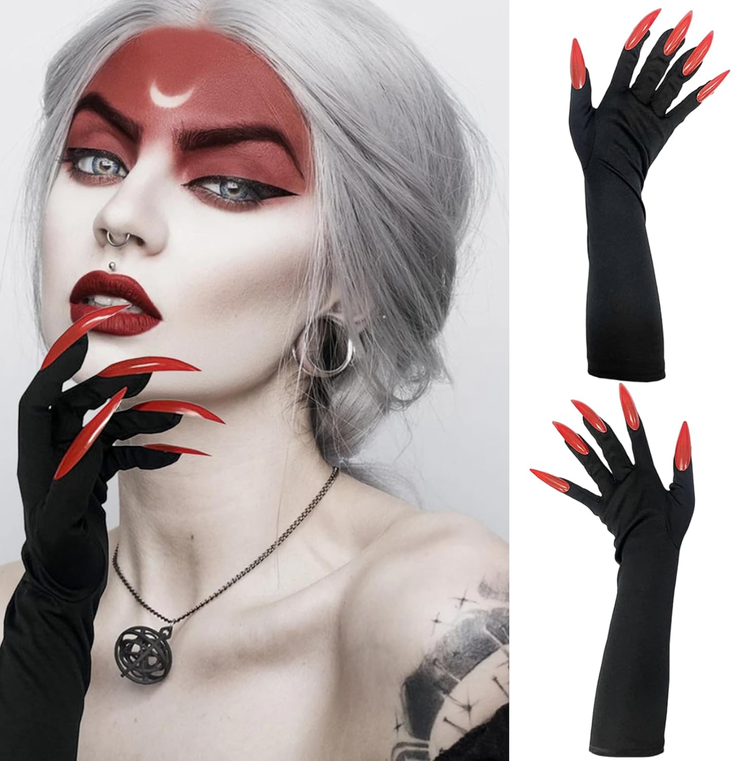 Red Long Nail Ghost Gloves - Witch Claw Gloves with Long Fingernails for Carnival Halloween Party Cosplay Costume Decoration Accessories