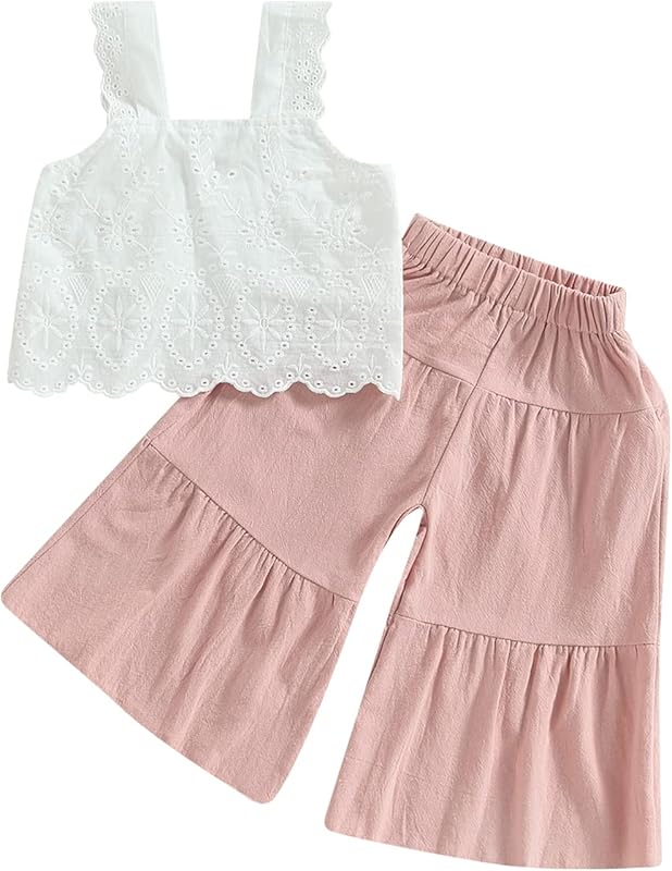 2PCS Baby Girl Sleeveless Strap Lace Crop Vest Tops + Flared Wide-Leg Pants Toddler Summer Outfits Set Clothes